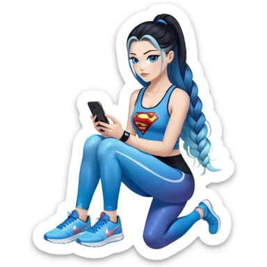 Shameful-Female-very very very large chest-texting on a samsung cell phone-very long straight braided black to sky blue hair ombre-blue eyes-black eyeliner-long eyelashes-iridescent sky blue low cut tank top with glitter superman logo-white leggings-nike high top sneakers sticker
