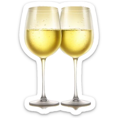 Two wine glasses filled with white wine clinking together in a toast, with soft sunlight highlighting the golden liquid and droplets of condensation on the glass sticker