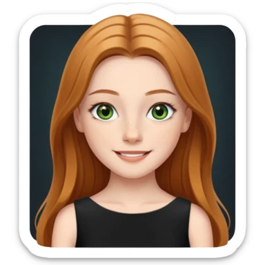 confident CEO named Freya McOmish, smiling, hazel green eyes, straight long hair parted in the middle, subtle freckles, broad shoulders, wearing a black evening dress sticker