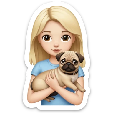 a pug dog in the hands of a girl with blonde hair sticker