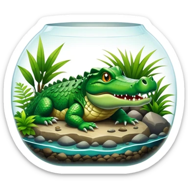 Crocodile resting in a terrarium, surrounded by rocks, water, and tropical plants. The green scales of the crocodile glisten under the light, with its sharp eyes focused ahead. The background features a naturalistic habitat with plants and water, giving it a lifelike feel. sticker