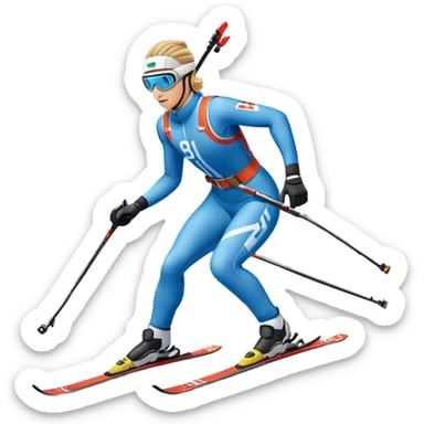 An icon featuring a biathlete in motion, holding a rifle and skiing across a snowy course. The backdrop includes snow-covered trees, distant mountains, and a clear blue sky. Transparent background highlights the precision, endurance, and excitement of biathlon. sticker