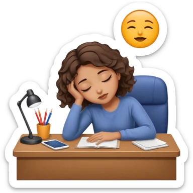 Pretty brown model, brown eyes, soft short wavy hair, falling asleep at desk sticker