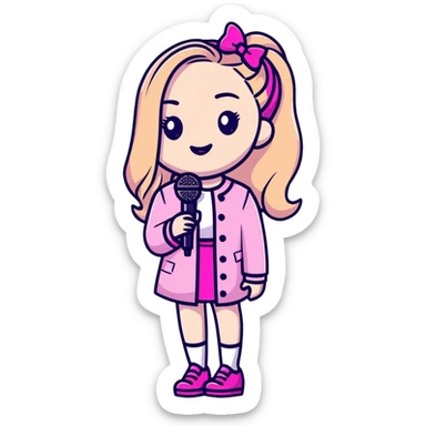 Sabrina Carpenter in a fancy pink outfit with a microphone sticker