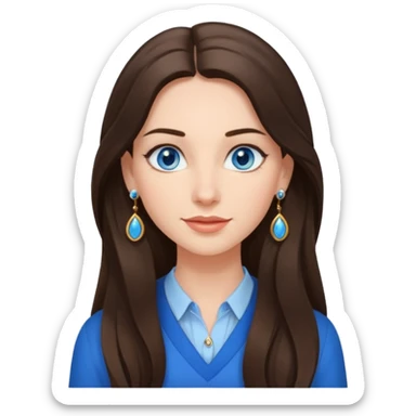 
Create an emoji of a brunette with blue eyes. She should have long hair, stylish clothing, and a friendly facial expression. Add some accessories like earrings or glasses to make the look more interesting. sticker