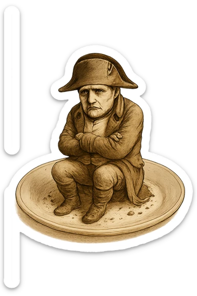 Сгенерируй мне такую же тарелку, только чтобы на ней сидел наполеон бонапарт, грустный, в чуть чуть рваной одежде. ТОРТ УБЕРИ ПОЛНОСТЬЮ. На прозрачной фоне  sticker