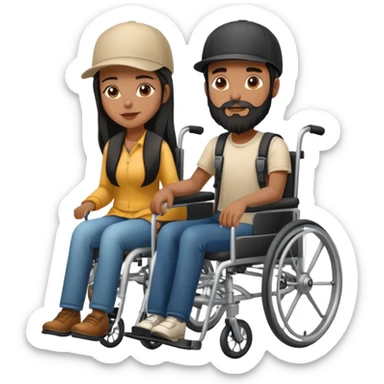 Beige skin man with a beard and cap in a wheelchair and a brown skin woman with long black hair in a wheelchair  sticker