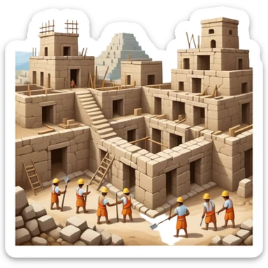 Ancient city under construction with workers using basic tools. Incomplete stone buildings, scaffolding, and a rough landscape. Simple, primitive architecture sticker