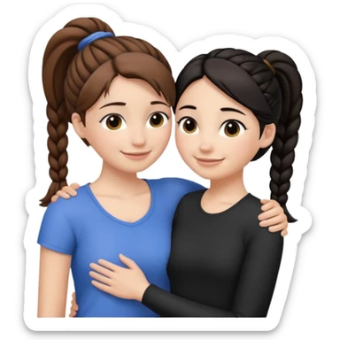 Comforting Hug two white skin women, one shorter woman with brown hair in simple top ponytail, not braided, and one taller woman with black hair in long side braid sticker