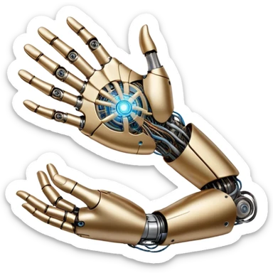An icon inspired by Da Vinci’s 'The Creation of Adam', featuring a robotic hand reaching out to touch a human hand, symbolizing artificial intelligence. The design includes neural networks, glowing circuits, and a holographic brain. Transparent background sticker