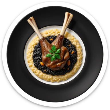 Lamb Shanks with Risotto Nero on a black plate, top view sticker