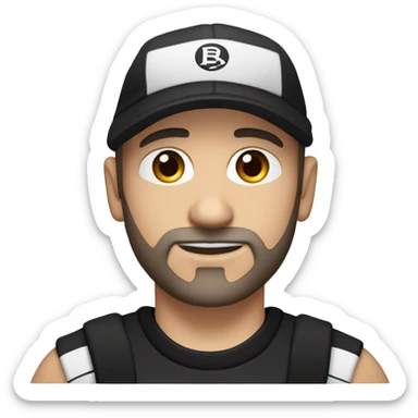 An adult white skin portrait of male with stubble and a slightly gray beard, brown hair, black eyes, wearing a black Reebok cap with a round emblem on his head, and a black sweater with three white stripes on the sleeves underneath. sticker