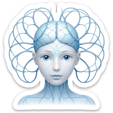 minimalist human figure with luminous cores at head and heart, delicate lines and orbs forming a neural web, soft white-blue light sticker