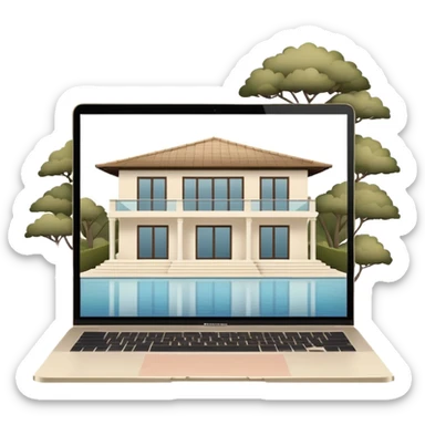 
light beige open macbook sideways with luxury villa on screensaver sticker