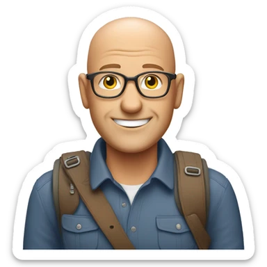 a bald friendly man who is welcoming in his mid 50s with no spectaces and no facial hair for a travel tour guide company logo sticker