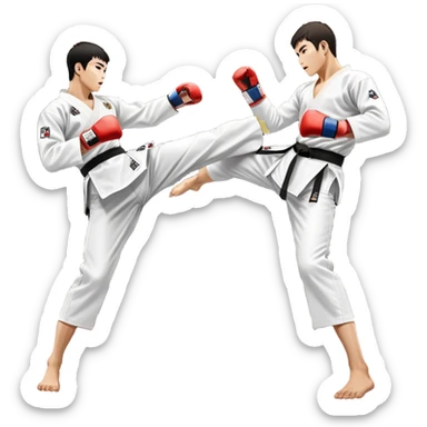 Two taekwondo fighters in traditional white doboks with black belts. One delivers a powerful kick, while the other defends by blocking with his knee. The background shows a professional arena with bright lights and an excited crowd. Transparent background highlights the intense action sticker