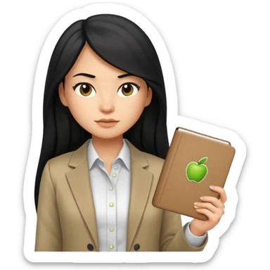 a girl with long black hair, neutral expression, business style clothes (shirt, jacket), holding a notebook, Apple Memoji emoji style sticker