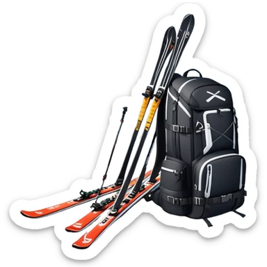 An icon showing a close-up of a biathlon backpack, a pair of skis, and a biathlon rifle resting against snow. In the background, a beautiful winter landscape with snowy trees and mountains under a clear sky. Transparent background reflects the sport’s precision and rugged endurance. sticker