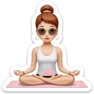 Clean girl influencer character, chest-up portrait.Sleek tight bun hair color (auburn .Natural glossy makeup, soft blush, shiny lips.Minimal white tank top, small gold hoop earrings, delicate gold necklace.Black sunglasses on head.Rolled yoga mat hanging over her shoulder. sticker