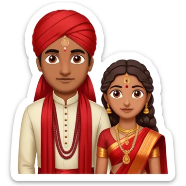 Tamil South Indian couple. Tamil brahmin iyengar male wearing veshti, no shirt, and poonal. Female wearing red sari in traditional Tamil bride attire sticker