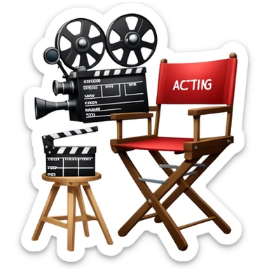 Icon for Acting: a theatrical mask, stage lights, a director’s chair, a script, a movie camera and a clapperboard, representing the craft of acting in theater and film. Famous actor-star. The design should reflect creativity, performance, and storytelling. Transparent background. sticker