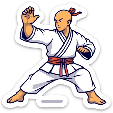 Martial artist in dynamic kung fu pose, wearing traditional loose outfit with sash sticker