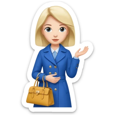 woman in blue coat, handbag sticker