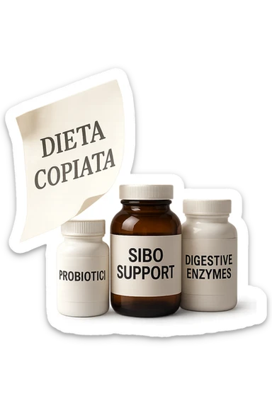 FOGLIO DI CARTA FLUTTUA IN ARIA CON LA SCRITTA "DIETA COPIATA", INSIEME A BARATTOLI DI INTEGRATORI PER CURARE IL SIBO IN ITALIANO, IPERREALISTICO 4K, NON DISEGNATO sticker