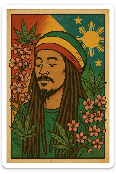 Vintage poster of an Asian Rasta with long dreadlocks, peaceful eyes, and a red-gold-green tam. Surrounded by cherry blossoms and ganja leaves. Background blends Rasta colors into an Asian flag (e.g., red sun from Japan or Chinese star). Retro reggae fusion vibe, with bold lines and aged paper texture. Philippines 
 sticker