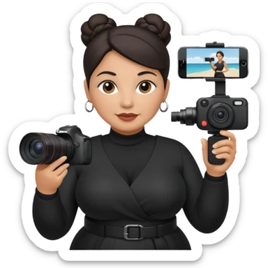 middle aged, latina plump woman photographer with dark hair, slicked back in a bun, wearing black clothes, carrying a canon r5, and an iPhone on a gimbal sticker