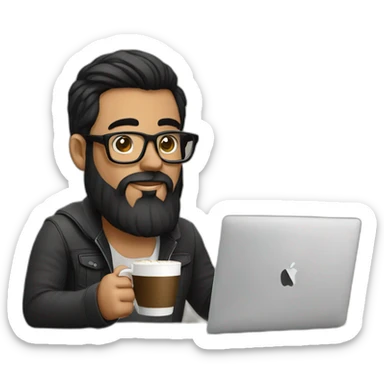 Designer with black hair, beard and glasses working with MacBook and drinking cappuccino  sticker