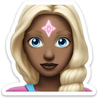 magical diva with thin pink andromedan face long blonde hair and blue eyes glowing third eye sticker