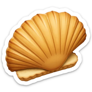 A madeleine pastry. Scalloped seashell shape with ONLY four to five vertical lines going in the same direction. Light golden brown. Scalloped edge. Cookie. Flat. Long. Oval shape sticker