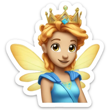 bloom winx fairy with rad hair and blue eyes and in blue shirt with wings and crown sticker