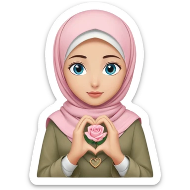 Turkish beautiful finish Konya girl blue eyes with khaki green and light pink rose hijab islamic dress and making heart with hands sticker