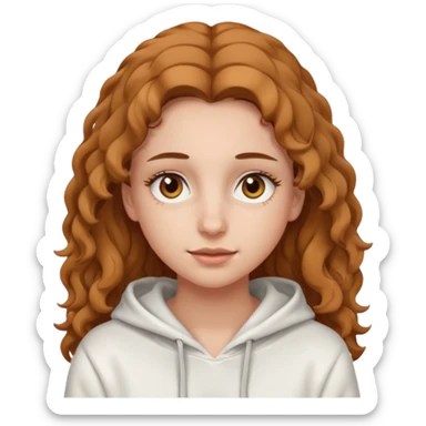 Una ragazza con una felpa semplice bianca,ha gli occhi marroni,i capelli marroni chiaro , c’è gli ha lunghi e ricci ma non troppo e ha le ciglia stile emoji apple sticker