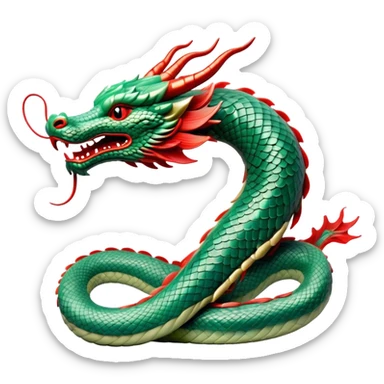 Cinematic Noble Chinese Serpent Dragon Portrait Emoji, Poised and majestic, with a sinuous, serpentine body adorned in intricately detailed scales of shimmering jade and soft vermilion, accented by delicate cloud motifs and subtle water ripple patterns; rendered with lifelike texture and gentle natural highlights, high shine, wise and enigmatic, styled with an aura of ancient dynastic grace, focused and regal, soft glowing outline, capturing the essence of a revered celestial dragon that appears ready to glide gracefully through the mists of time! sticker