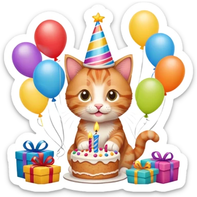 Ginger tabby kitten celebrates birthday, birthday hat, birthday cake, balloons, happy, gifts sticker