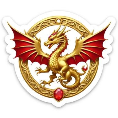 Golden dragon with wings crest / brosch in a circle with red gems and no background sticker
