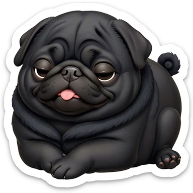 Cinematic Meme-Worthy Chubby Sleeping Black Pug Portrait Emoji, Head resting peacefully with a contented smile, showcasing a delightfully chubby build and a luxuriously soft black coat, eyes shut in a serene nap, Simplified yet hilariously adorable features, highly detailed, glowing with a soft, drowsy light, high shine, relaxed and utterly lovable, stylized with an air of playful laziness, bright and heartwarming, soft glowing outline, capturing the essence of a comically sleepy companion, so meme-worthy it feels like it could instantly become the next viral sensation of adorable slumber! sticker