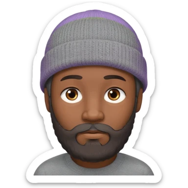 A dark-skinned, oval face shape with soft rounded chin. man with a gray beanie, brown eyes, and a dark gray beard, wearing a calm expression. sticker
