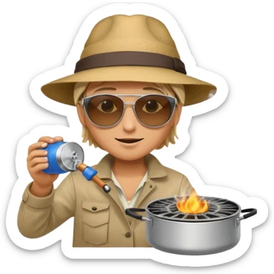 A camper boiling water on a portable stove, enjoying the outdoor breeze.
 sticker