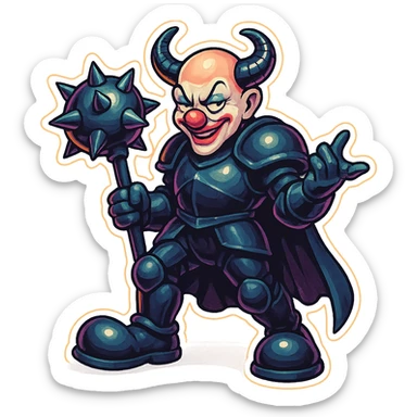 An evil armored clown with no hair, ram horns pointing up, glossy black on matte black armor, short cape, large black clown shoes, standing with one foot forward, one arm down holding an oversized spiked mace, the other hand gesturing as if explaining something, eyes half-closed, sinister grin, vibrant retro stickers style, no yellow aged tint, full body, transparent background, reference images included sticker