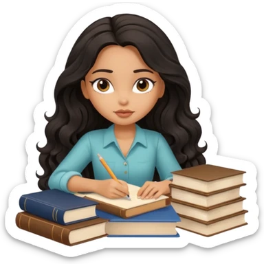 a pretty tan bratz girl with black wavy long hair studying. Pile of books on the table. No glasses. Looks tgired sticker