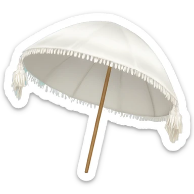 White beach umbrella with short white tassels and a straight wooden pole sticker