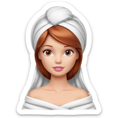 A Barbie face with shoulder-length reddish brown hair, makeup with cream on face and a towel on her head sticker