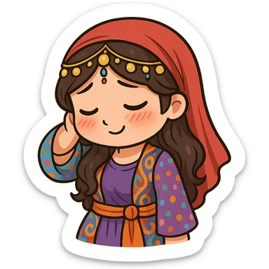 Cartoon sticker of a Kurdish woman in traditional Kurdish female clothing, colorful and cheerful style. Face showing shy and embarrassed expression with red cheeks, looking down or to the side, hand behind head or hand on cheek. No shadows or color halos around the image, no text, suitable for WhatsApp and Instagram, fully transparent background. sticker