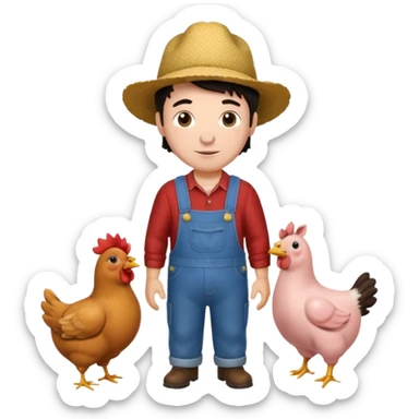 UN HOMBRE VESTIDO DE GRANJERO PIEL CLARA Y PELO OSCURO CON UNA GALLINA UN CERDO Y UNA VACA ALREDEDOR sticker