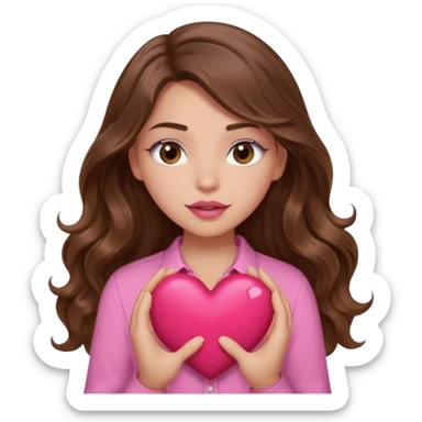 girl with long wavy brown hair, brown eyes, light to medium complexion, in a pink shirt, pink lips, long lashes, squeezing a big heart sticker