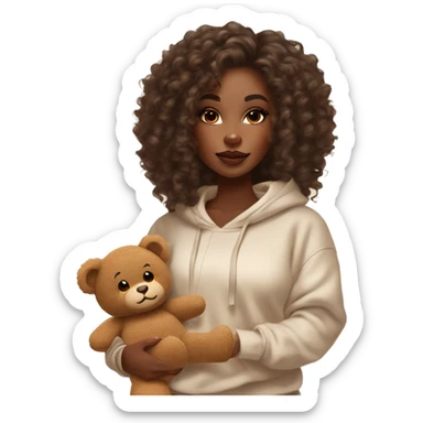 Beautiful black woman with long waste length curly hair with brown highlights, in a cozy sweatsuit in cream color and she is holding a teddy bear in brown, girl wearing makeup long lashes thick glossy lips sticker